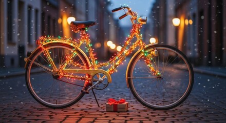 Festive bicycle adorned with twinkling lights on a snowy cobblestone street