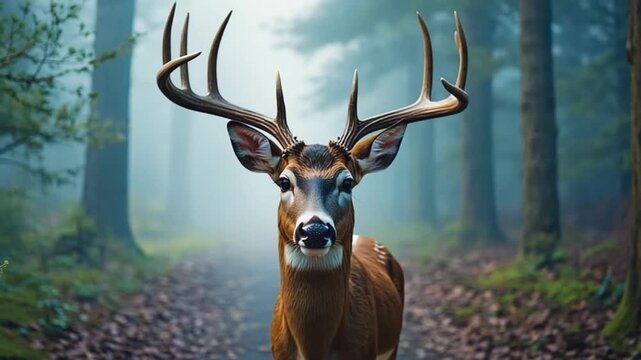 Deer with large antlers standing on forest path in morning mist, surrounded by tall trees and soft light, symbolizing wildlife beauty