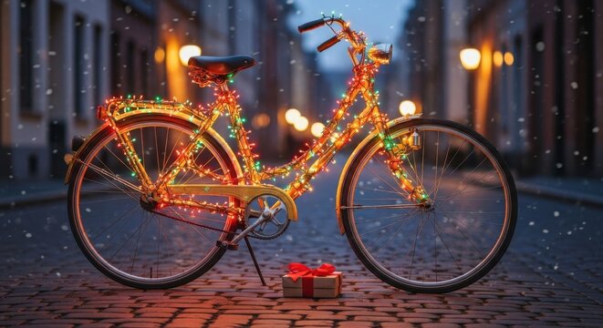 Festive bicycle adorned with twinkling lights on a snowy cobblestone street