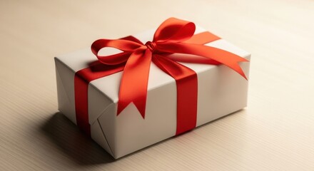 White gift box with vibrant red ribbon bow, ideal for celebrations, holidays