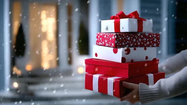 Faceless silhouette of a person holding a stack of red and white gift boxes in front of a softly lit door, blurred snowflakes, with copy space.