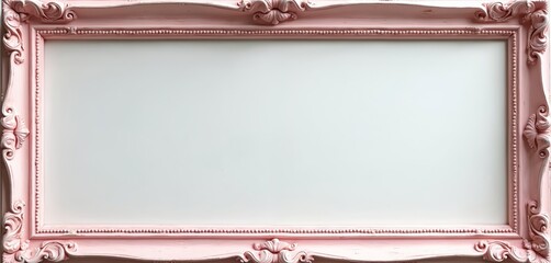 Ornate pink wooden picture frame on white background. Vintage shabby chic border with rococo carving. Empty rustic object for romantic decor. Blank copy space template for wedding invitation, diploma