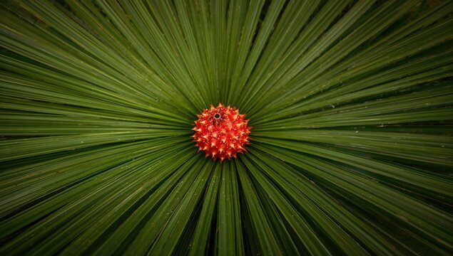 Ripe foxtail palm fruits dropping onto a grassy surface, seasonal change