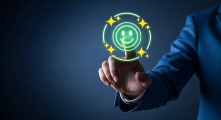 Smiling face with customer feedback and satisfaction rating pressed by a finger