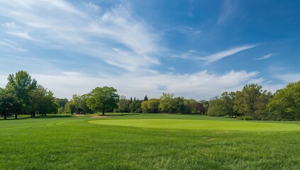 A serene park with vibrant green trees and grass under a clear blue sky, ideal for a background or layout