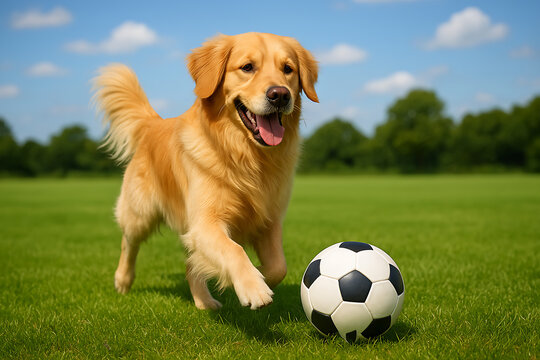 Happy golden retriever puppy playing with a ball on the green grass is a cute portrait of this adorable domestic pet animal