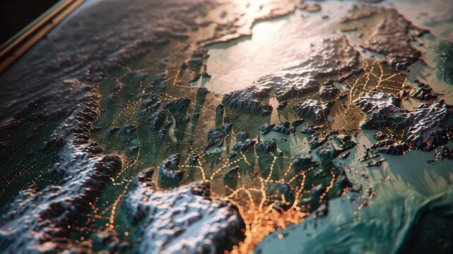 Captivating top view of a meticulously crafted physical map with elevated terrains