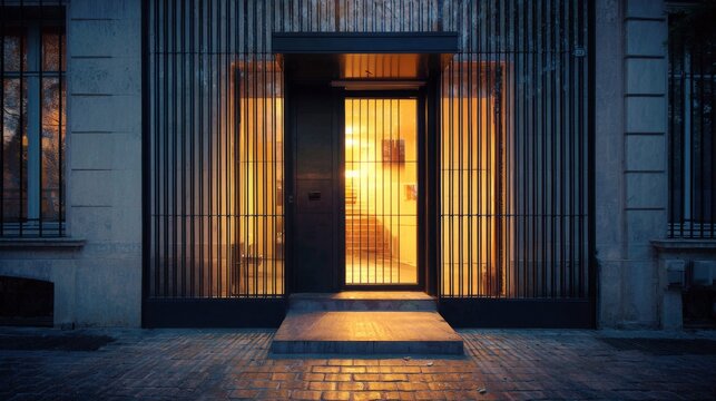 Modern architectural entrance with illuminated interior reflecting warm tones, showcasing an inviting atmosphere with sleek design and unique features