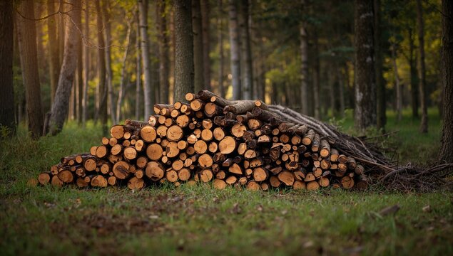 Stacked Logs In A Forest Clearing, Natural Resource Management - Powered by Adobe