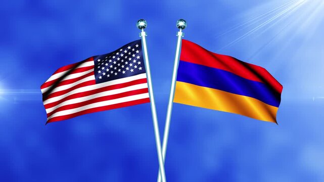 USA and Armenia Flag Waving On Pole Loop