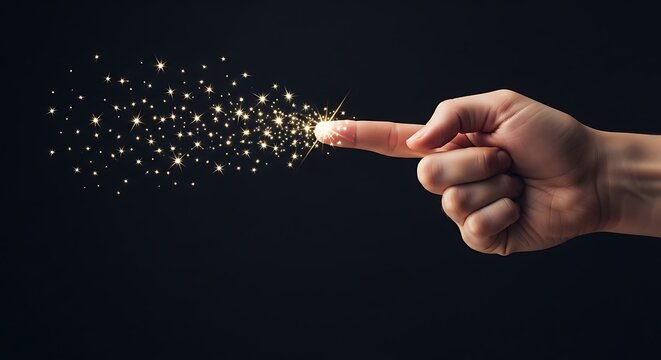 Human finger touching glowing golden sparkles on black background hand glitter
