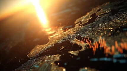 The image presents a close-up view of a digital map of Europe bathed in the warm light of sunrise. The glowing map highlights data points, emphasizing connections across Europe.