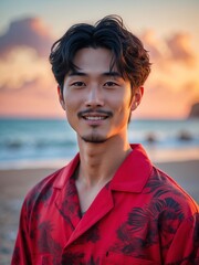 attractive young japanese guy in red themed swimwear portrait on beach fun sunset background, facing front and slightly smiling