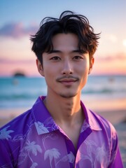 attractive young japanese guy in purple themed swimwear portrait on beach fun sunset background, facing front and slightly smiling