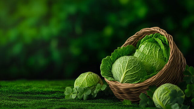Fresh vibrant cabbage harvest in rustic wicker basket with lucky shamrocks, perfect for healthy eating promotions and St Patrick's Day themes