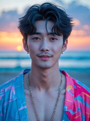 attractive young japanese guy in cyan themed swimwear portrait on beach fun sunset background, facing front and slightly smiling