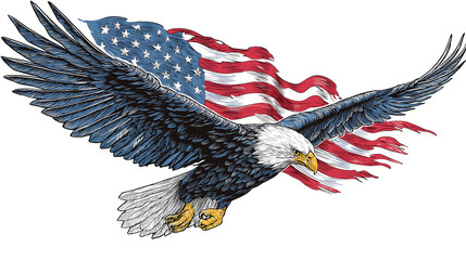 Cartoon hawk flying with flowing American flag in background, separated into six colors for screen printing
