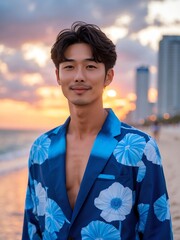 attractive young japanese guy in blue themed swimwear portrait on beach fun sunset background, facing front and slightly smiling