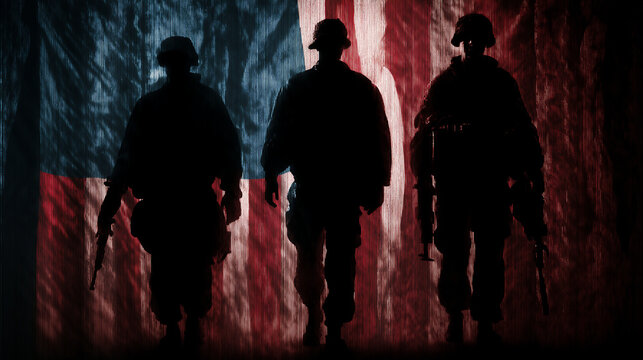 Veterans Day tribute with US flag and shadow of three veterans