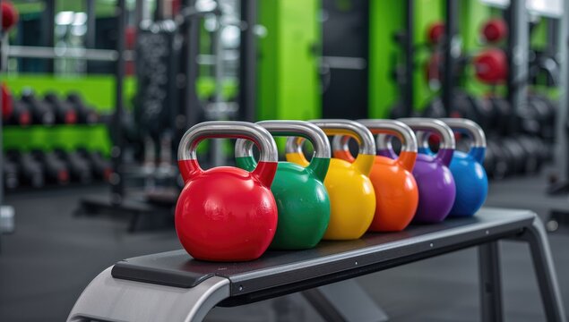 Colorful kettlebells arranged on a gym rack, ideal for fitness training and exercise routines