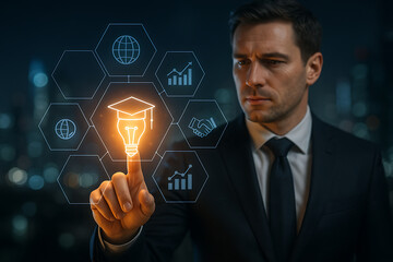 Businessman interacting with glowing digital graduation cap and financial data icons on futuristic interface