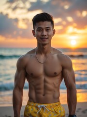 attractive young filipino guy in yellow themed swimwear portrait on beach fun sunset background, facing front and slightly smiling