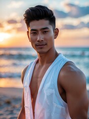 attractive young filipino guy in white themed swimwear portrait on beach fun sunset background, facing front and slightly smiling