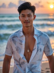 attractive young filipino guy in white themed swimwear portrait on beach fun sunset background, facing front and slightly smiling