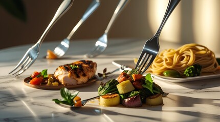 "Phoenix 10 Still Life Foods Composition," still life photography, food arrangement, pierced foods, artistic still life, creative food display, dramatic lighting, high-detail texture, gourmet ingredie