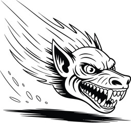 Fierce wolf head with flowing mane in dynamic black and white illustration