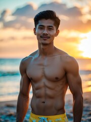 attractive young filipino guy in yellow themed swimwear portrait on beach fun sunset background, facing front and slightly smiling