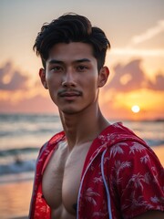 attractive young filipino guy in red themed swimwear portrait on beach fun sunset background, facing front and slightly smiling