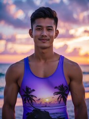 attractive young filipino guy in purple themed swimwear portrait on beach fun sunset background, facing front and slightly smiling