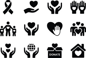 Charity Silhouette icons set. Charity, donation, and care symbols collection.