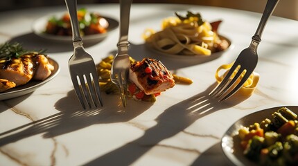 "Phoenix 10 Still Life Foods Composition," still life photography, food arrangement, pierced foods, artistic still life, creative food display, dramatic lighting, high-detail texture, gourmet ingredie