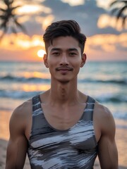 attractive young filipino guy in gray themed swimwear portrait on beach fun sunset background, facing front and slightly smiling