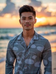 attractive young filipino guy in gray themed swimwear portrait on beach fun sunset background, facing front and slightly smiling