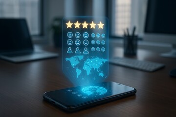 Holographic display of digital data and star rating projected from a smartphone on a desk