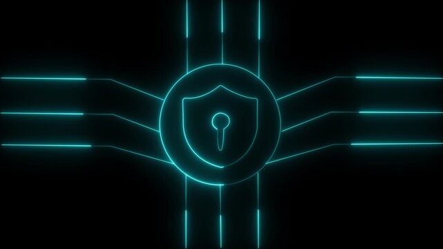 Glowing neon CLD lock symbols surrounded by radiating light creating a digital security ,on a black background, with 4k video motion graphic animation.  identity protection. 