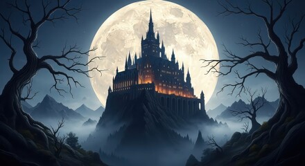 A spooky, dark castle looms on a hill under a giant full moon, surrounded by gnarled trees and misty mountains