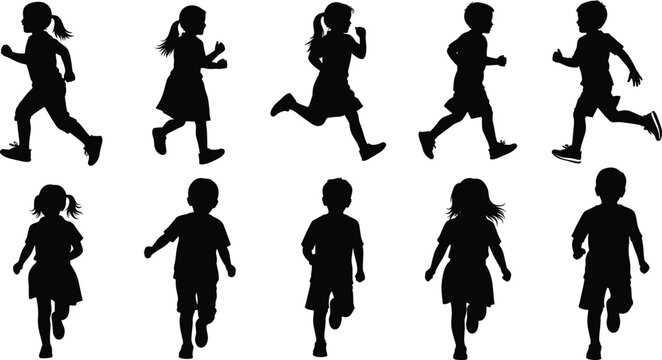 PrintSilhouette children running in various dynamic poses showing playful movement, energetic activity, childhood freedom, outdoor action, youthful motion, and active lifestyle illustration