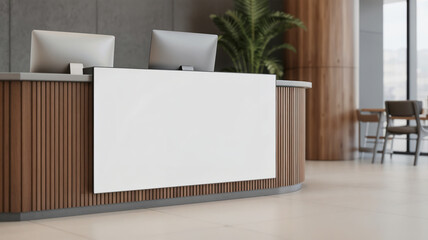 Modern office reception desk blank sign mockup template