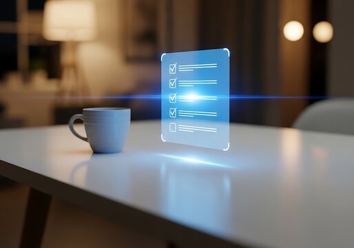 Futuristic holographic display showing data and information projected above a table next to a coffee mug - Powered by Adobe