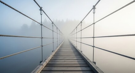 A wooden suspension bridge stretches across a calm, misty body of water towards a distant, fogshrouded forest