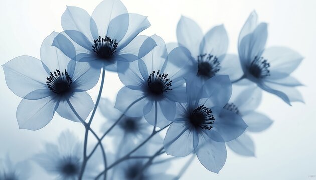 Delicate translucent blue flowers with dark centers bloom gracefully. Soft petals create serene, elegant abstract floral design. Many flowers arranged compositionally with subtle grey shadows.