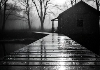 Dark and moody wooden boardwalk leading to a silhouette cabin in a misty bare tree forest at twilight