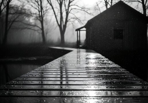 Dark and moody wooden boardwalk leading to a silhouette cabin in a misty bare tree forest at twilight