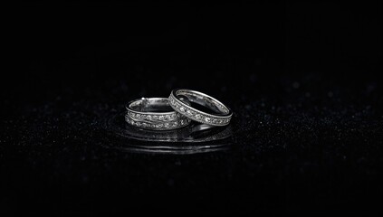 Two interlocked wedding bands resting on a dark surface, enhanced by falling water droplets, symbolizing love and commitment