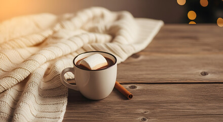 Warm Cocoa Beverage with Marshmallow and Cinnamon on Wood Table