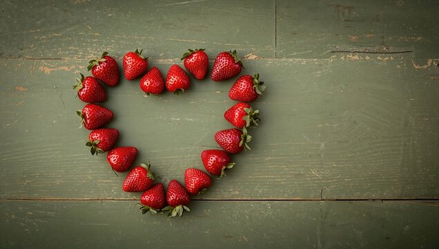 Heart-shaped ripe strawberries on a weathered wooden surface, ideal backdrop for text layout